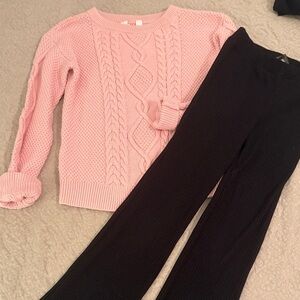 Pink Cable Knit Sweater and wide legged ribbed pants